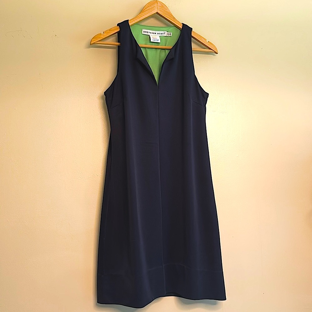 Gretchen Scott Designs S Navy Blue V Neck Casual Jersey Knit Sleeveless Dress‎